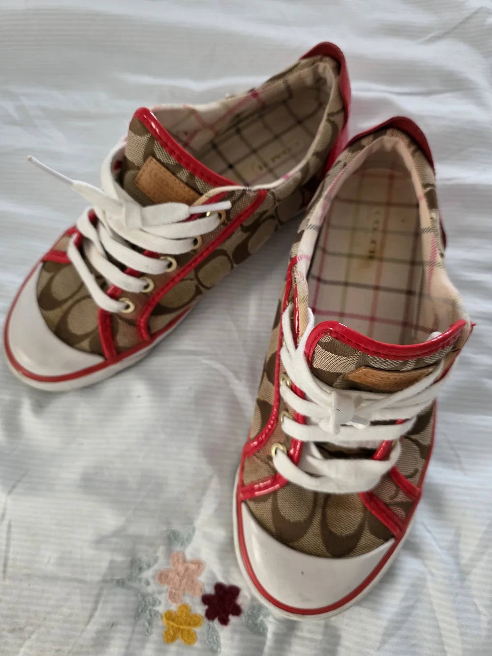 Coach Women's Brown Signature Canvas Sneaker with Pink Trim